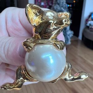 Kenneth Jay Lane Gold Pig Brooch with faux Pearl Accent
